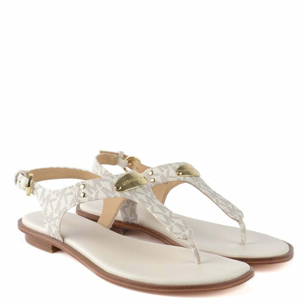MICHAEL KORS MK PLATE VANILLA PRINT GOLD LOGO THONGS SANDALS US 11 I LOVE SHOES