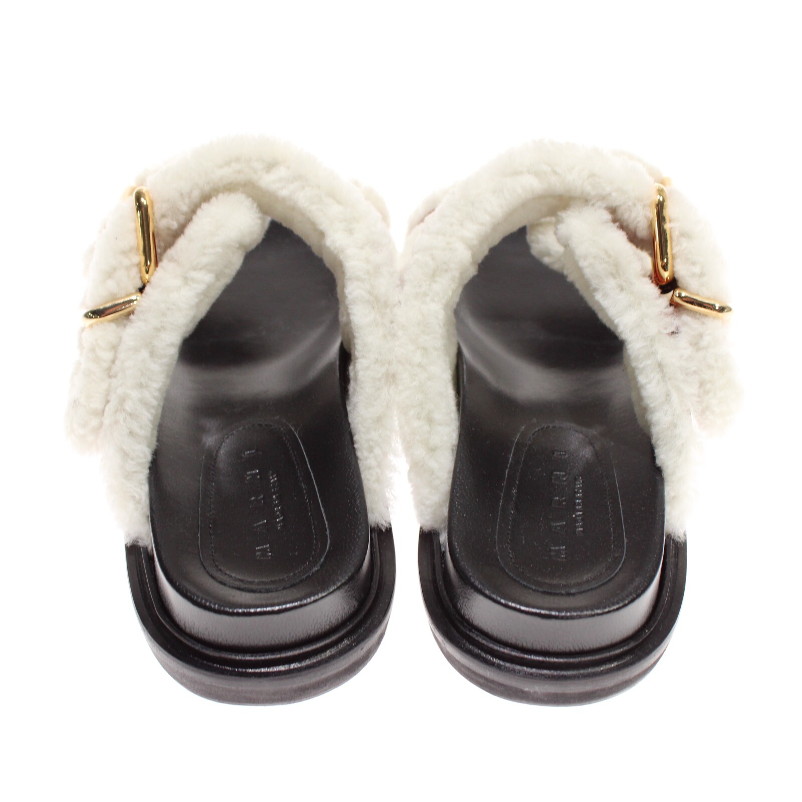 Marni NWB Fussbett Buckle Shearling Sandals Size 37.5 US 7.5 Brown/White/Gold