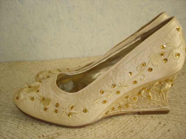 BARISEL Women’s Beige Textile Wedge Shoes with Gold Sequins Sz 8,5/UK 6,5/EUR 40
