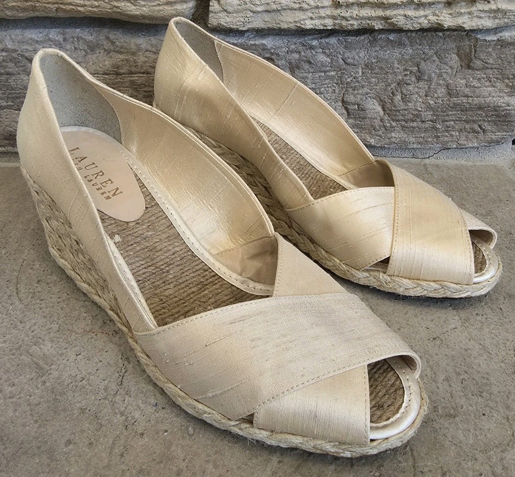 Lauren Ralph Lauren Womens 9 Cecilia Peep-Toe Espadrille Wedge Sandals Cream Tan