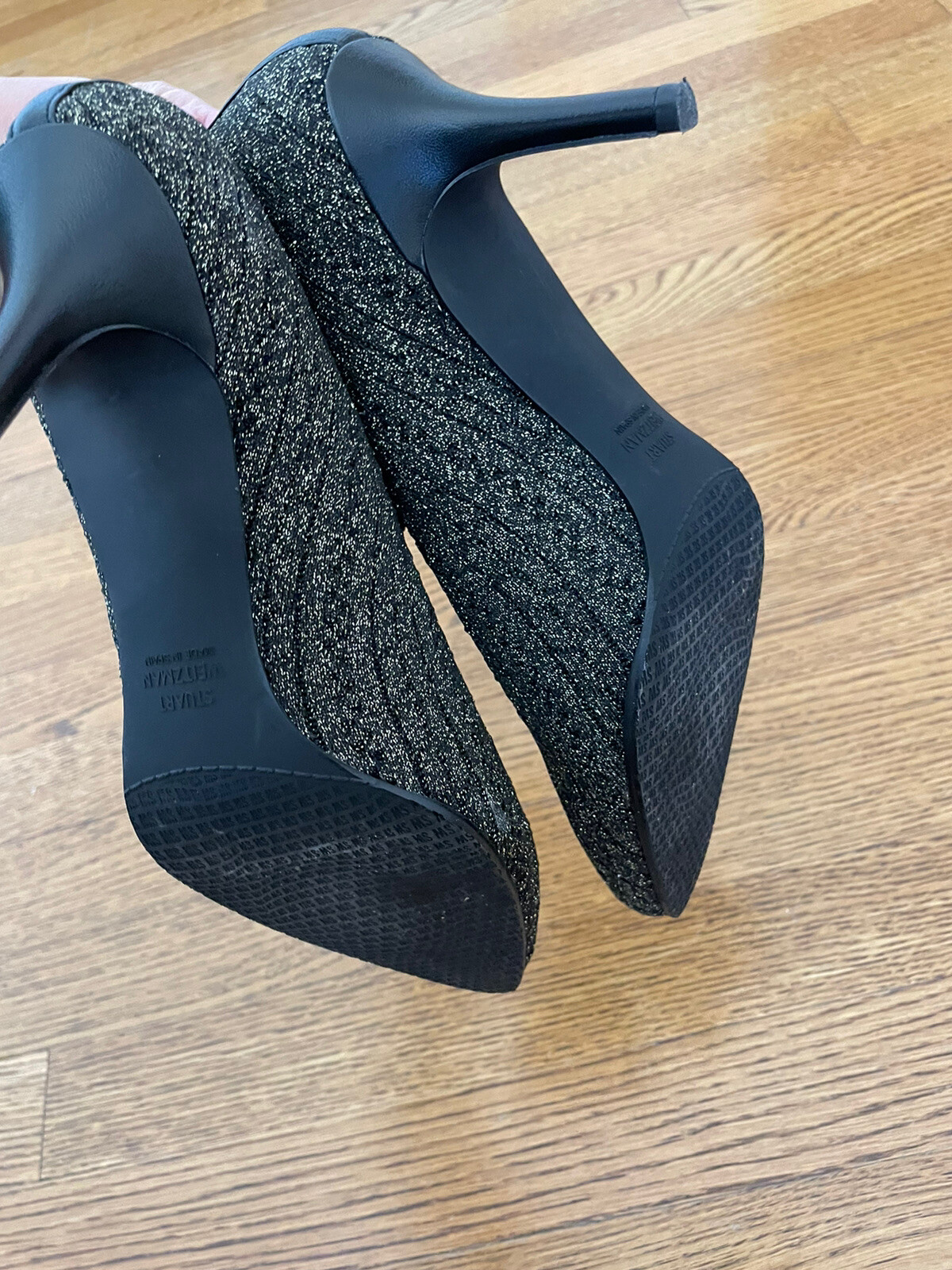Stuart Weitzman Waverly Black Gold Metallic Sock Stretch Knit Ankle Booties 9