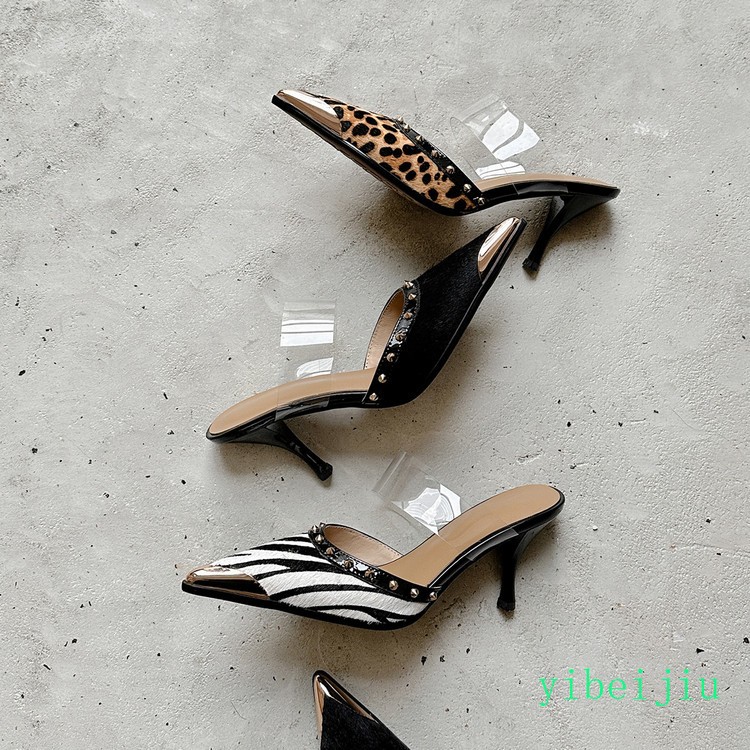 Women‘s Mid Heel Leather Horse Hair Mules Striped Leopard Rivets Dressy Slippers