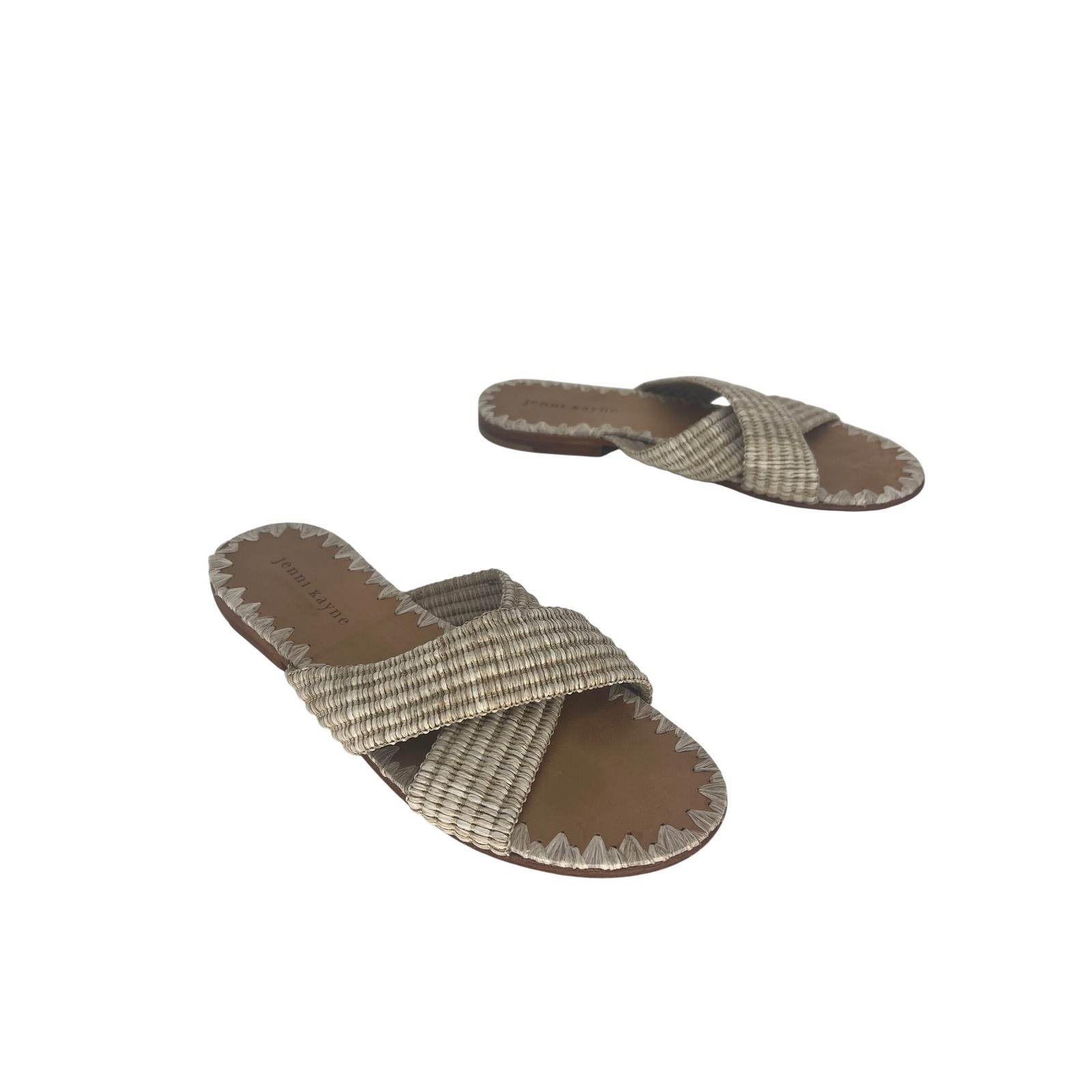Jenni Kayne Raffia Crossover Sandals Tan Cream Woven Flat Slides Size 38