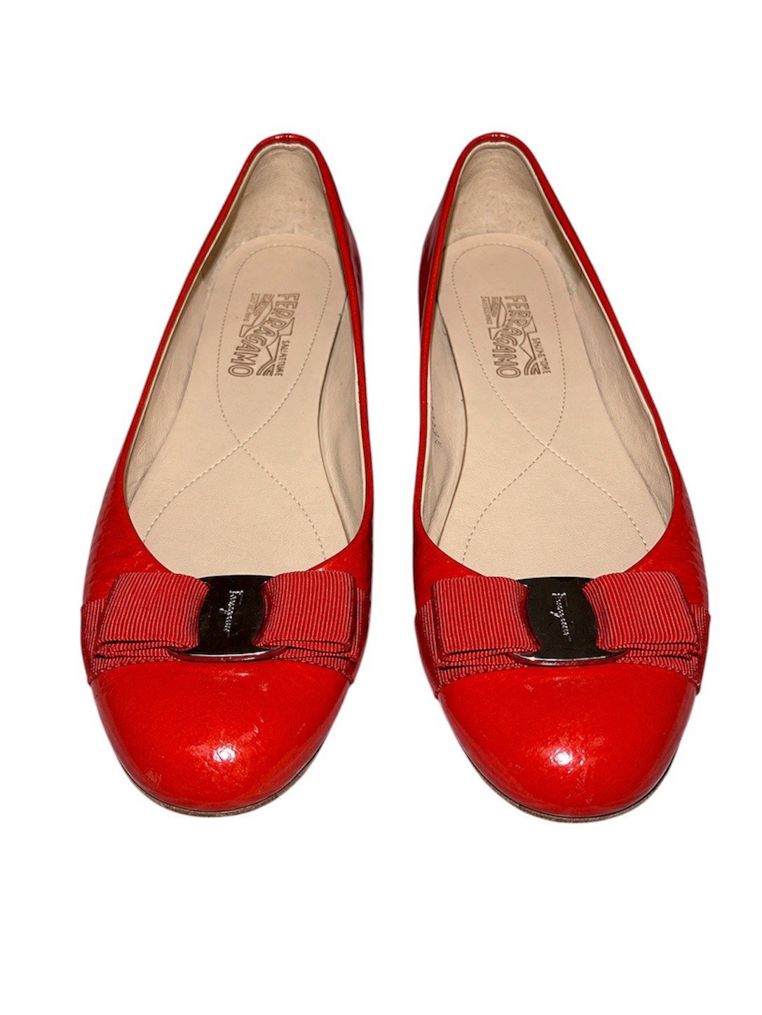 Salvatore Ferragamo Red/Orange Patent Vara Bow Ballet Flats