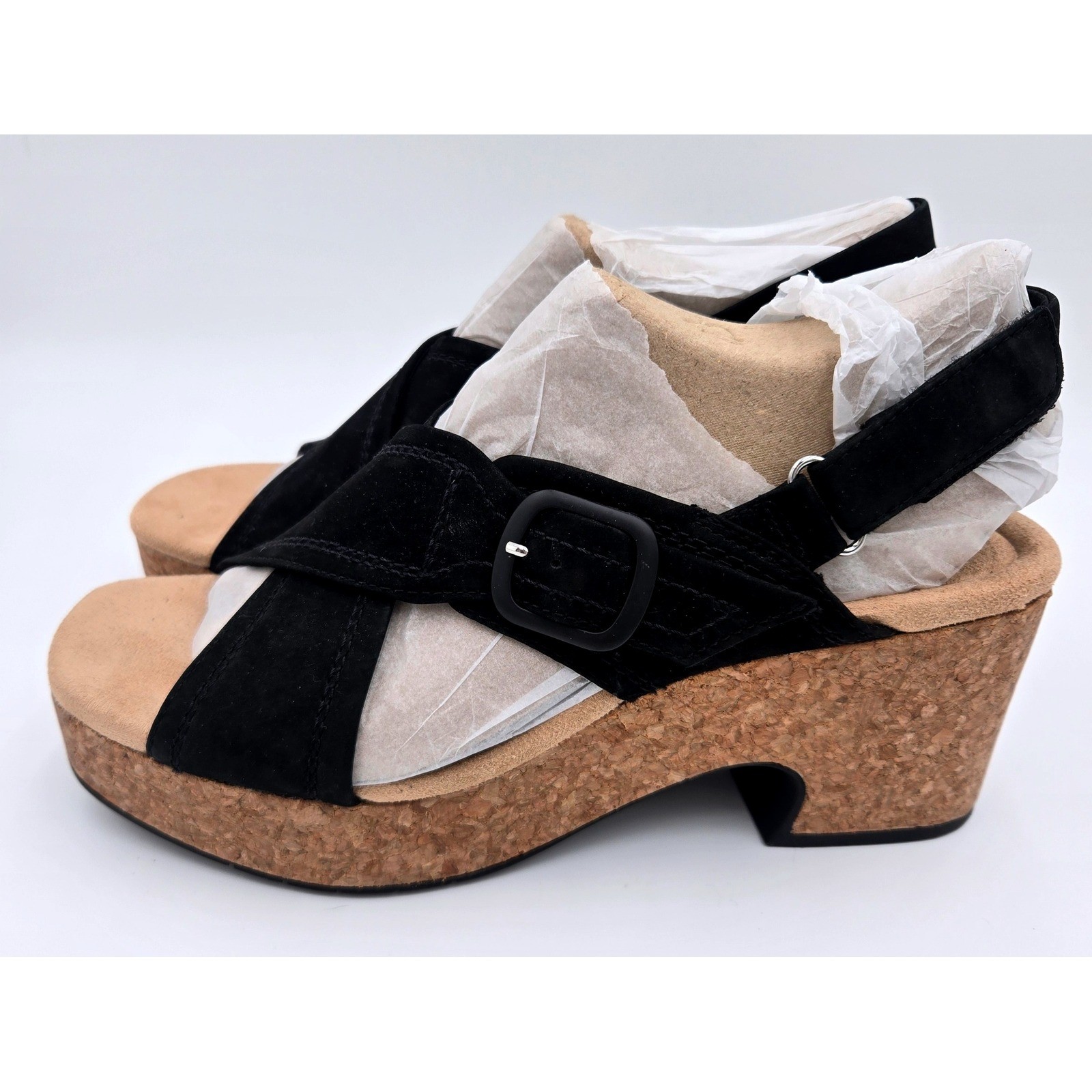 Clarks Collection Nerisa Pace Black Nubuck Leather Cork Heel Sandals 9.5 M Wedge