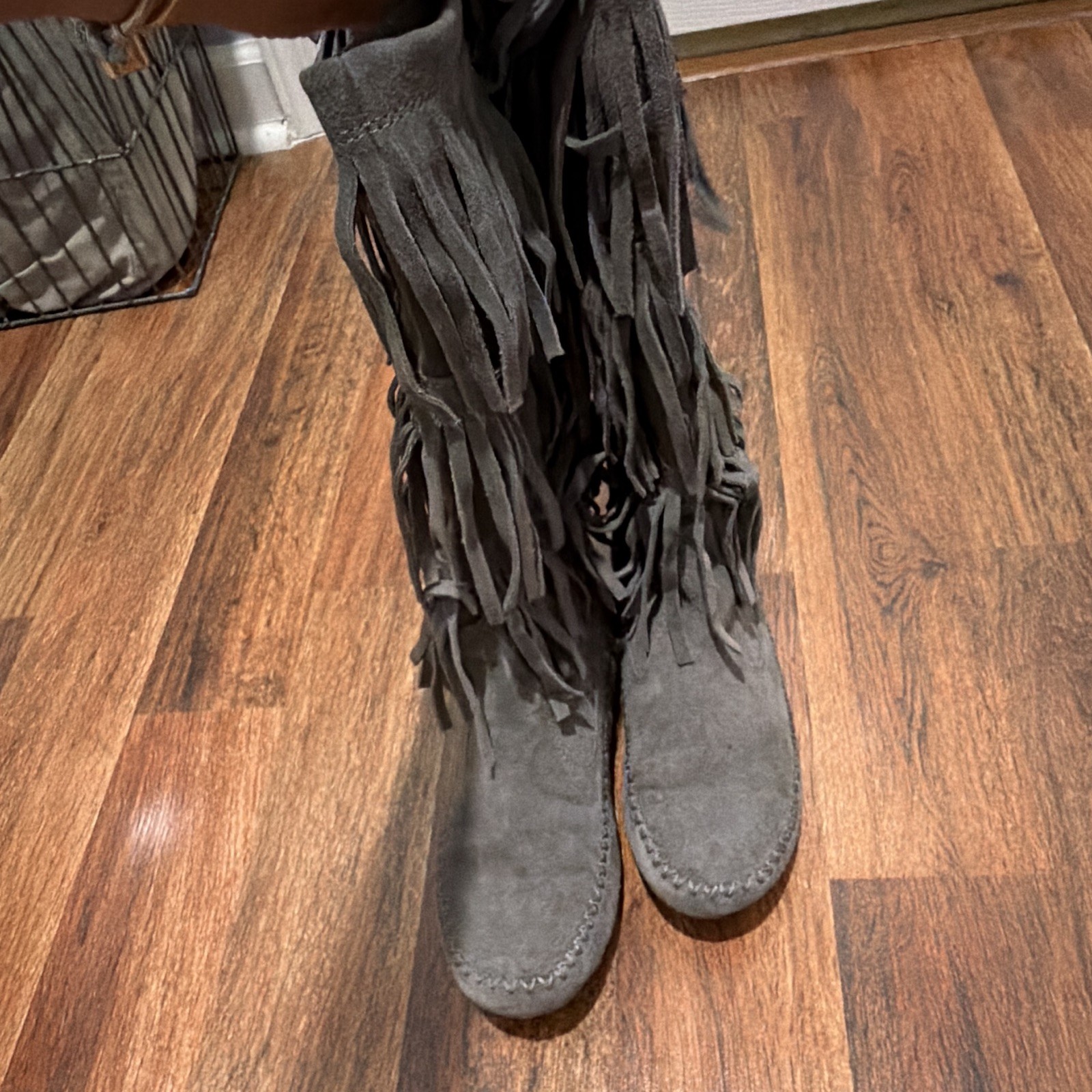 LC Lauren Conrad Gray Suede Western Mid-Calf Fringe Boots Round Toe Women’s 7