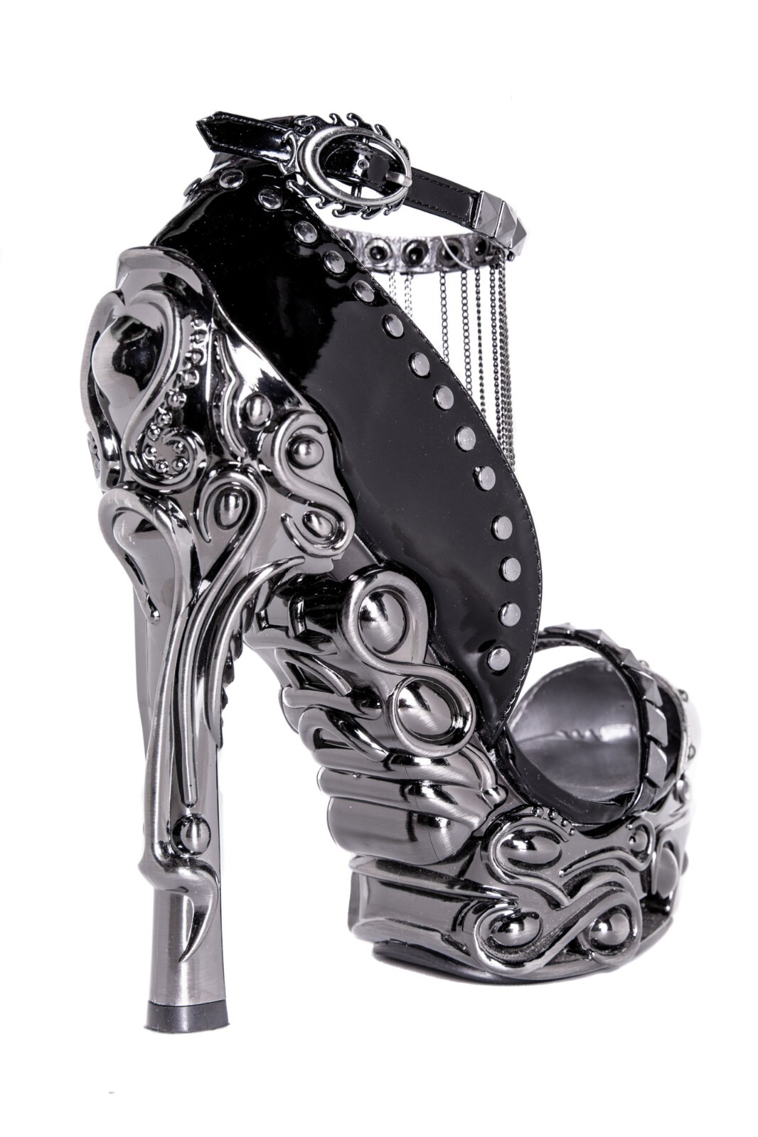 Hades EROS Black Studs Chains 6″ High Ornate Chrome Heels Platform Ankle Strap
