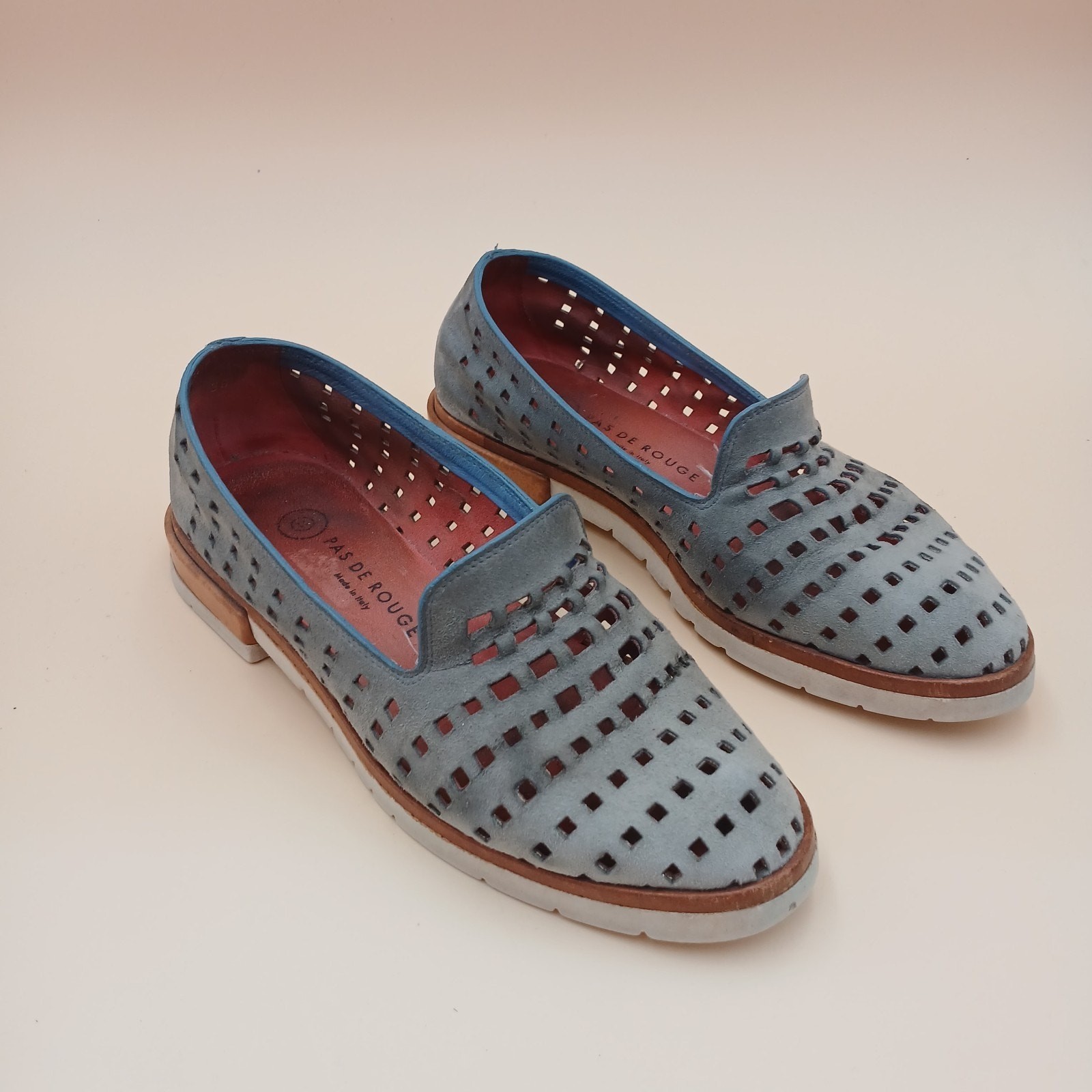 Navy Blue Suede PAS DE ROUGE Loafer Square Cut Outs 7.5 Eu 38