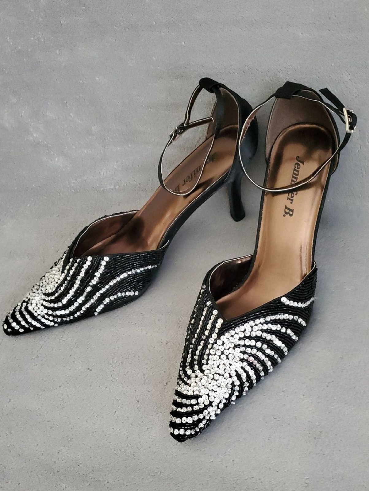 JENNIFER B. Black Beaded Rhinestone Pointed Toe Ankle Strap Heels SIZE: 11W