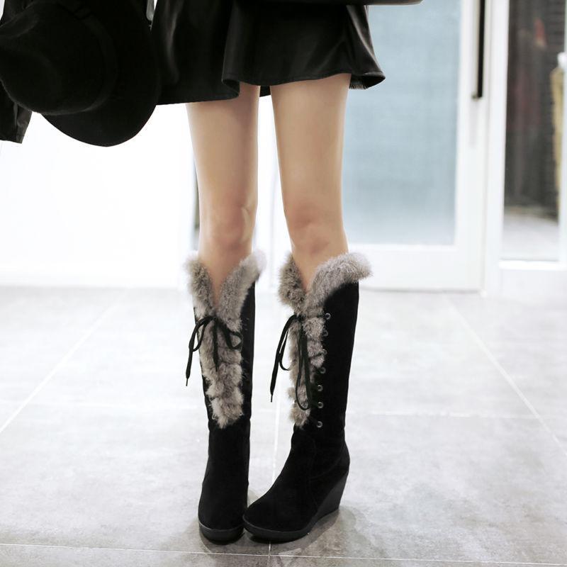 Women Snow Boots Wedges Platform Lace Up Knee High Boots Fur Trim Winter Shoes