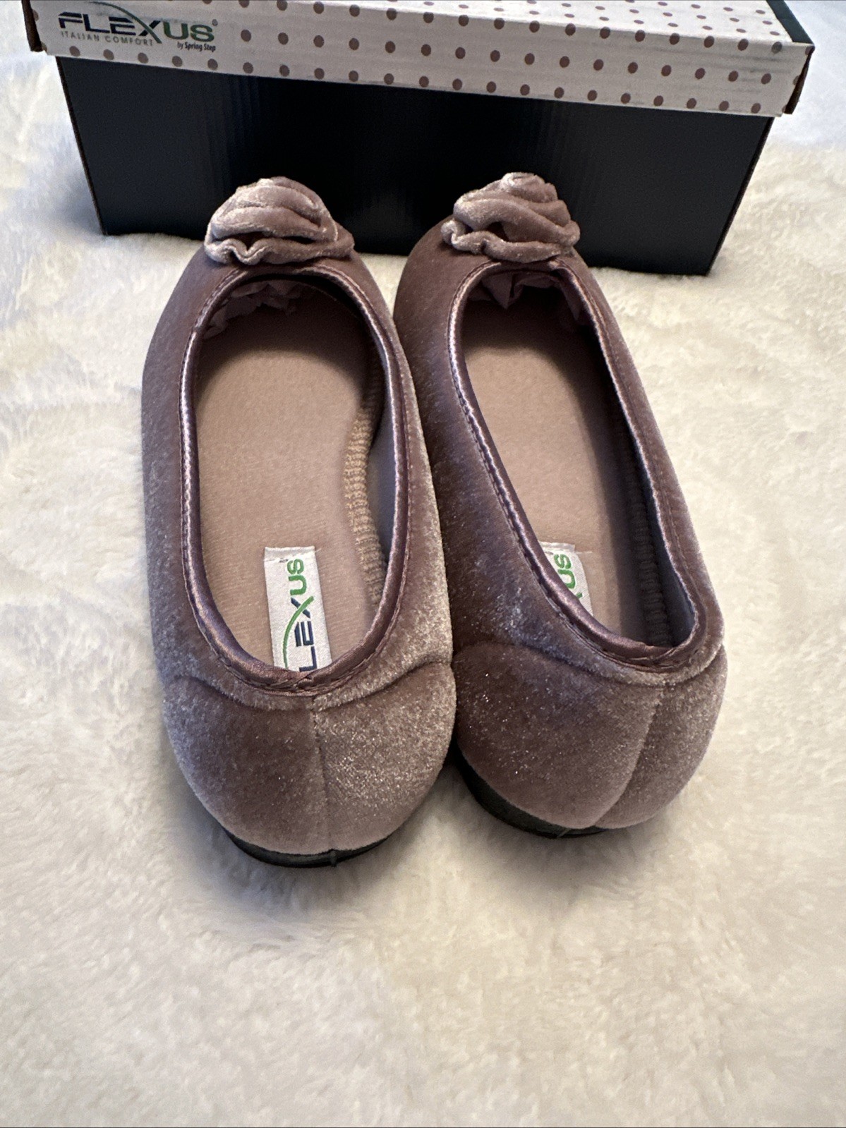 Flexus Roseloud Velvet Textile Flats Slippers Taupe EU 41 US 9.5-10 NIB