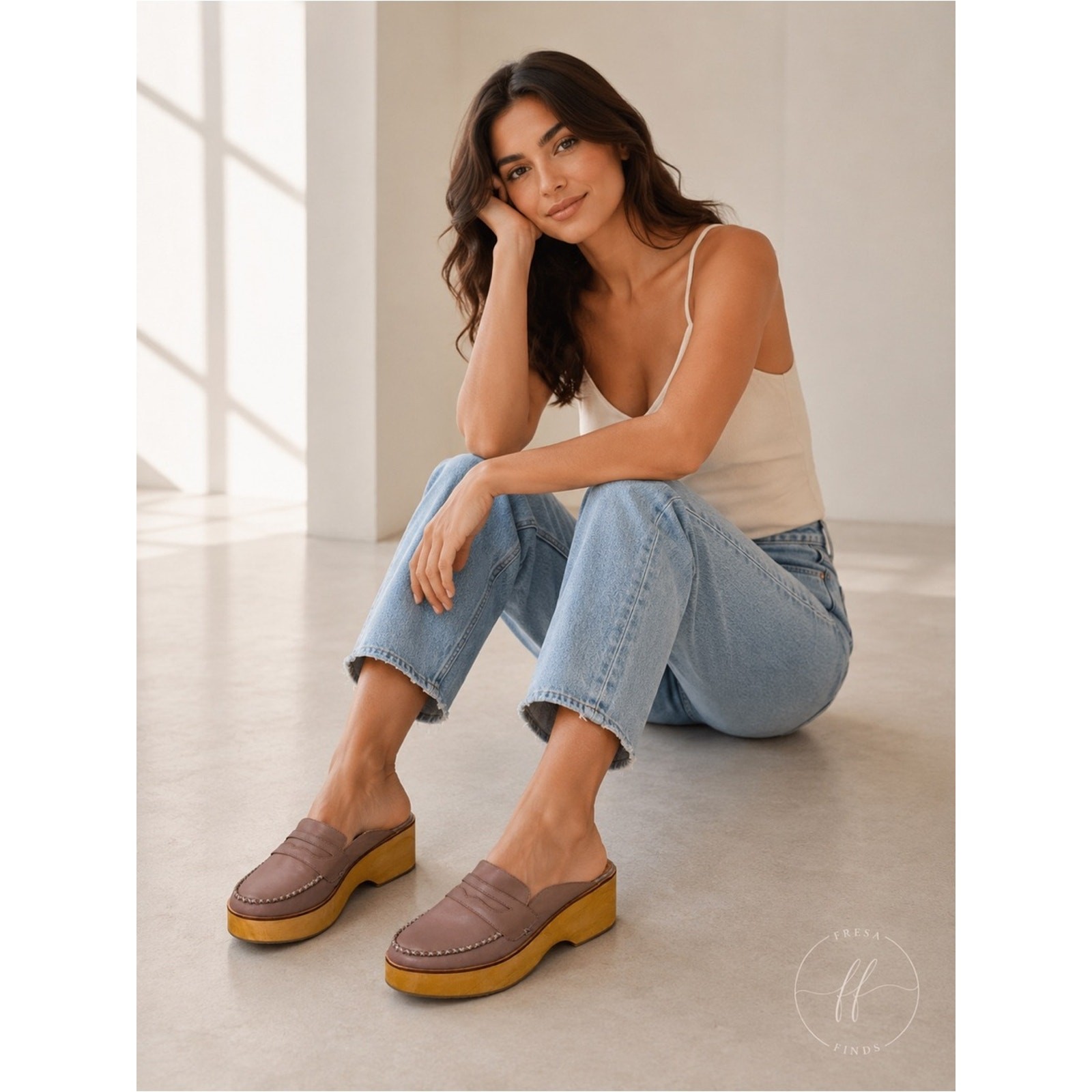 Kelsi Dagger Brooklyn Leather Platform Mule Clogs Taupe Pink Wooden Wedge 7.5
