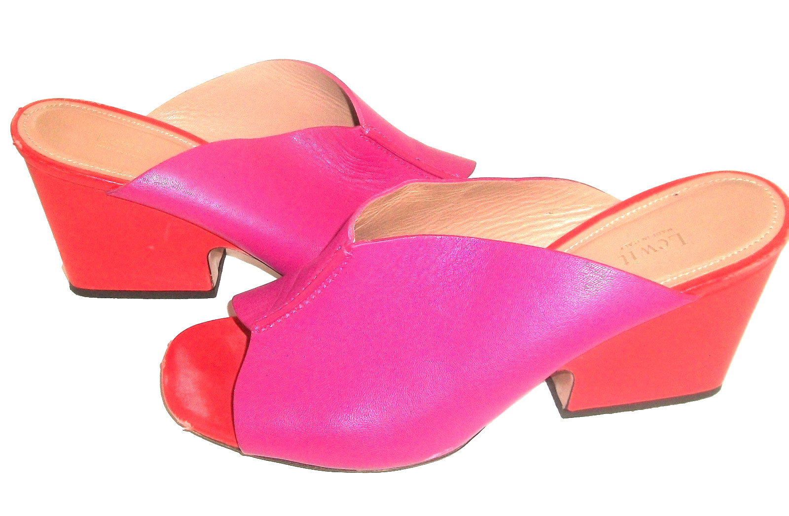 Lewitt Fuschia Pink and Red Leather Open-Toe Heeled Mules Made in Italy 10M