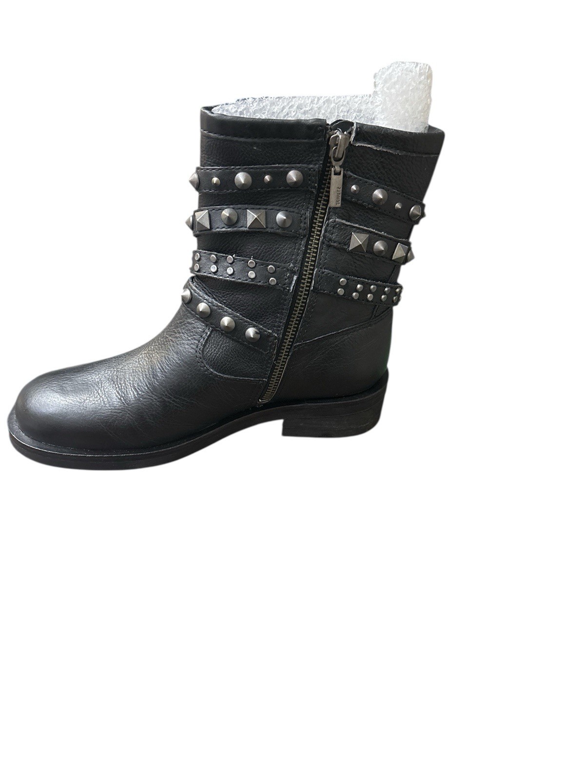 SCHULTZ LUZIA WOMEN’S STUDDED STRAP BLACK LEATHER BOOTS SIZE US 7 B / EUR 37