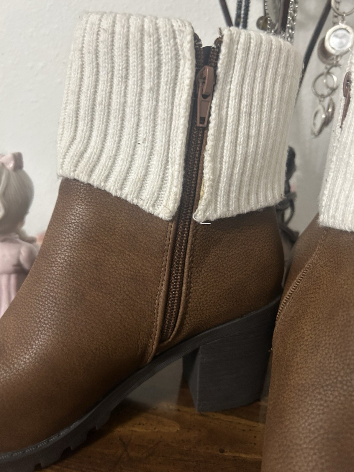Secret Celebrity Brown Faux Leather Knit Ankle Bootie Zip Buckle Stud Cuff