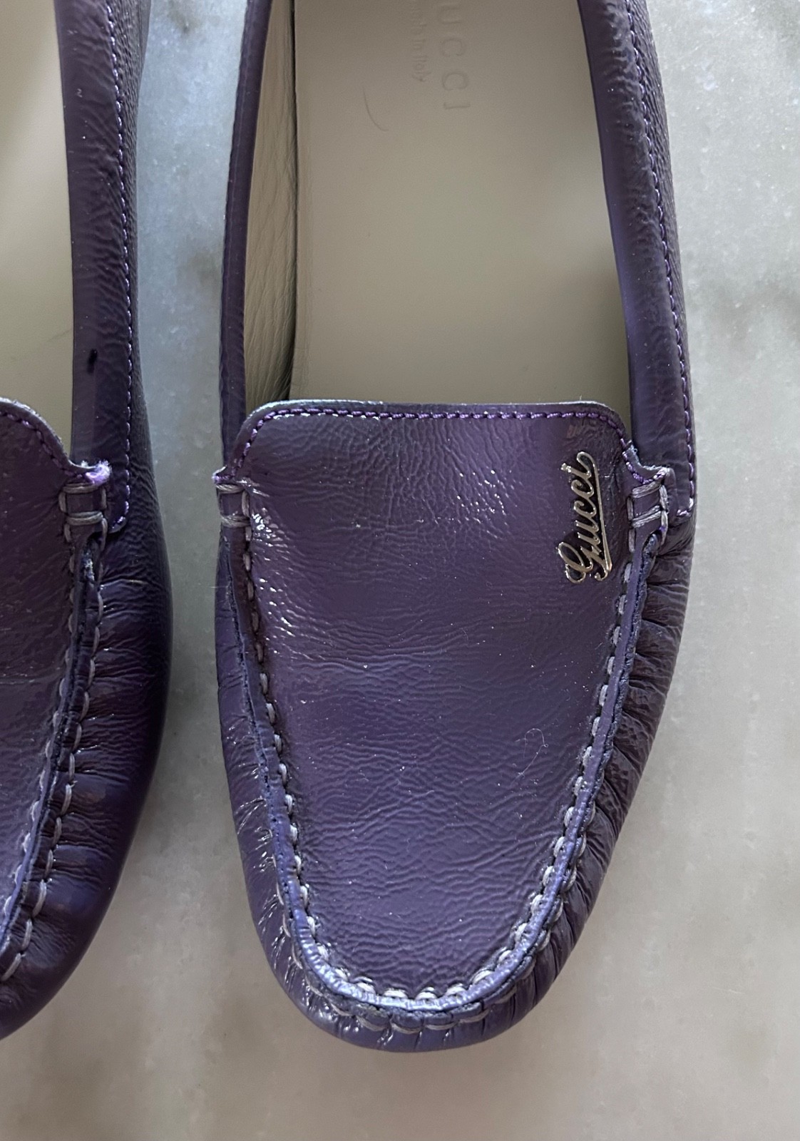 GUCCI Purple Patent Leather Script Logo Driving Loafers Shoes Womens 36 Italy