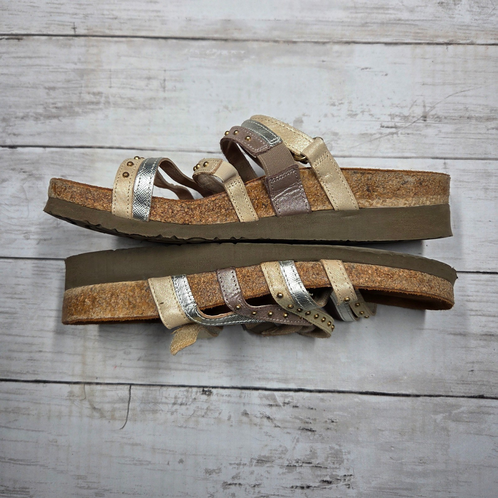 Naot Multi-Strap Studded Slide Sandal Leather Womens 39(L8) Silver Gold Bronze