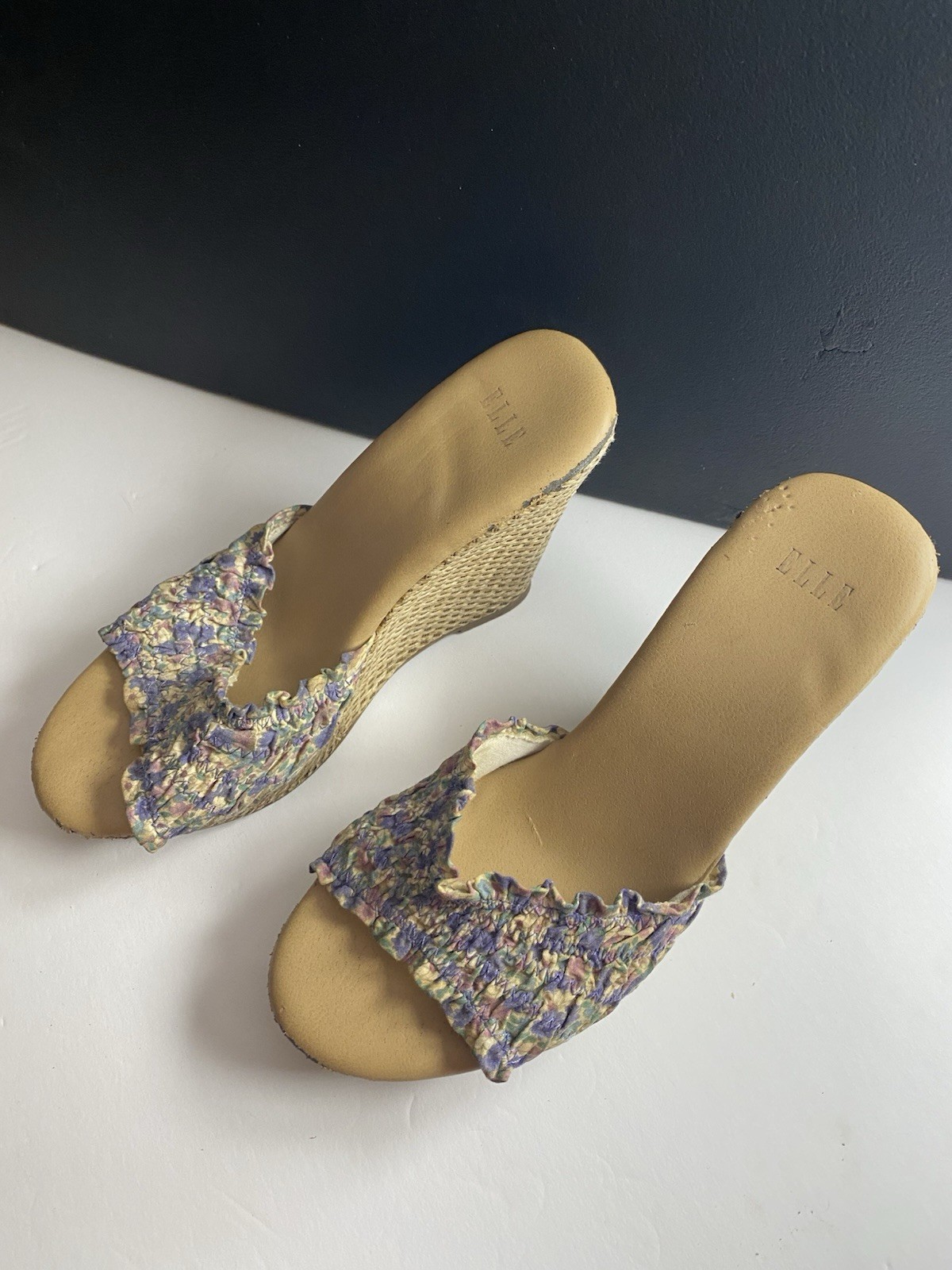 ELLE Women’s Floral Ruffle Slide Wedge Slip-On Sandals Multicolor/Beige 6