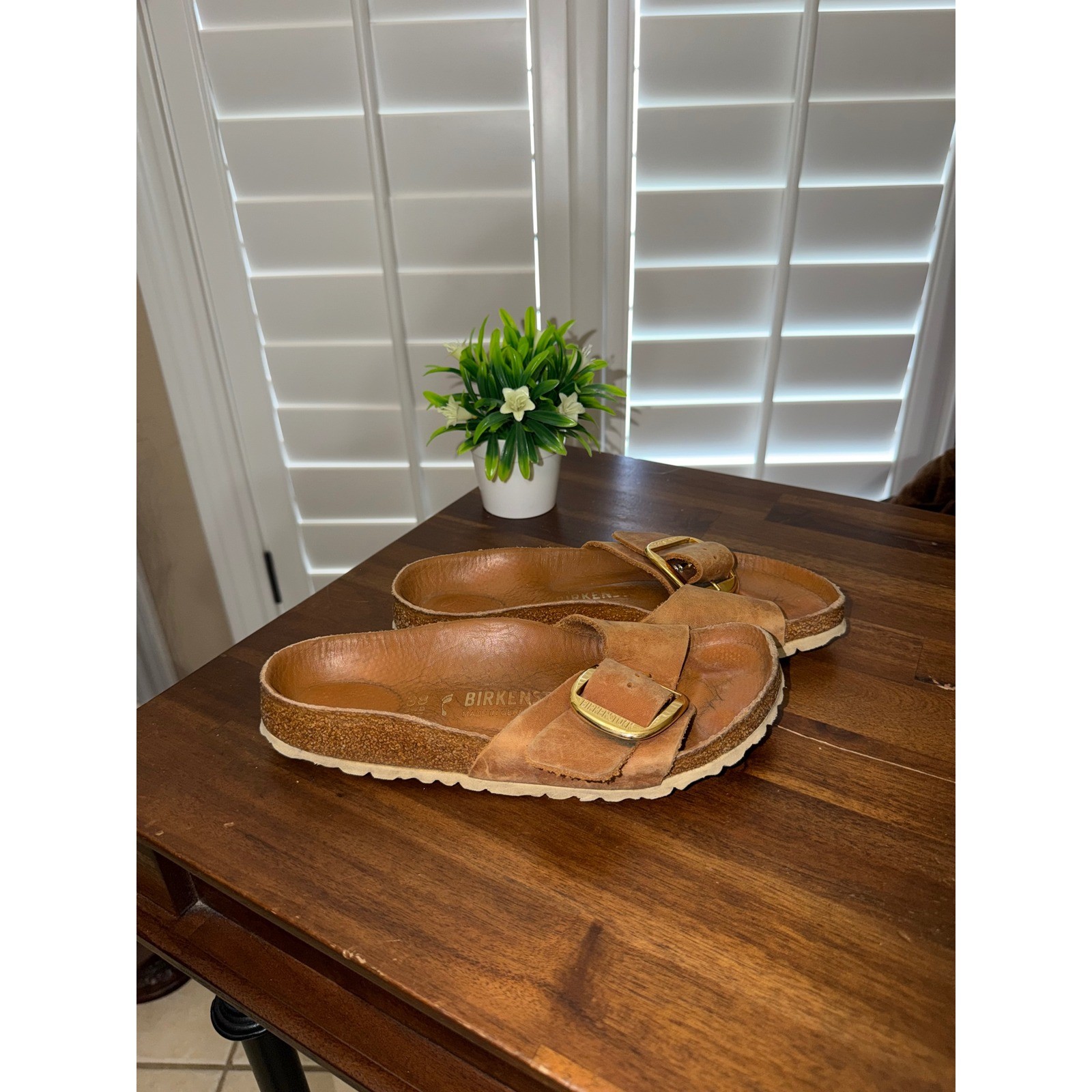 Birkenstock Madrid Big Buckle Cognac Leather Slide Sandals Gold Buckle Size 38