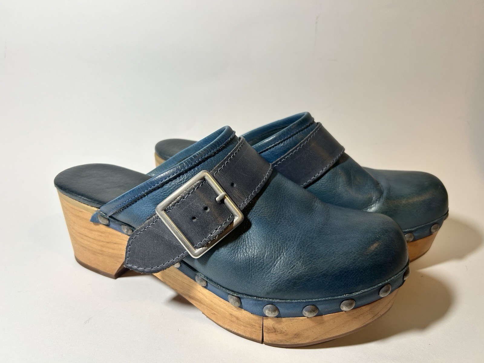 Free People Culver City Clogs Teal Blue Leather Wood Platform Buckle Studded 9