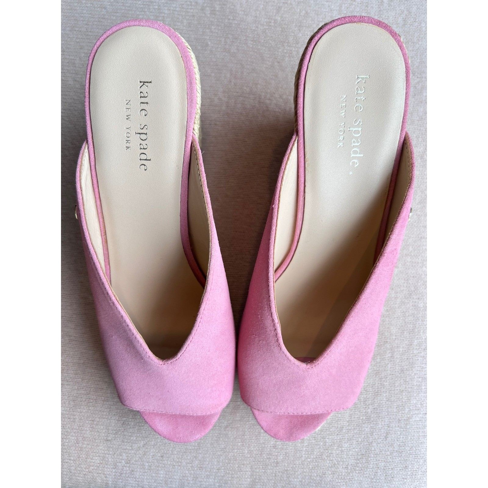 KATE SPADE Thea Pink Suede Wedge Sandals Espadrille Mules 7.5 LNWOT