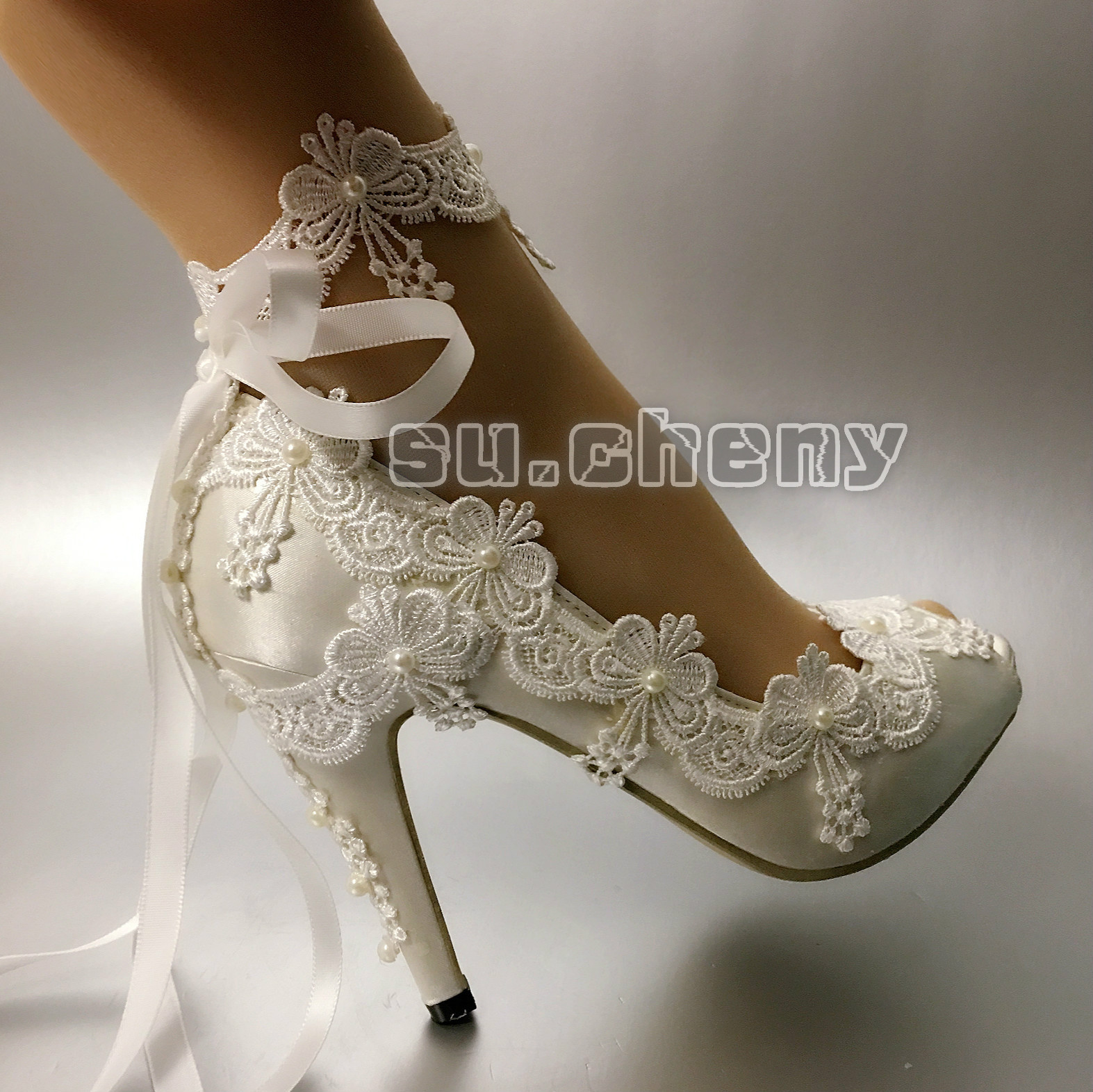 su.cheny Ribbon anklet white ivory satin open toe heel Wedding Bridal shoes size
