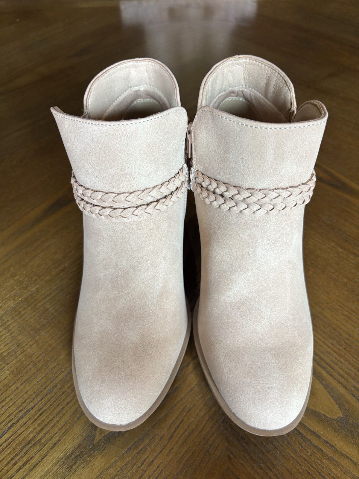 Sugar Sandlot Braided Strap Ankle Booties Women’s 8 Nude Beige Block Heel NIB