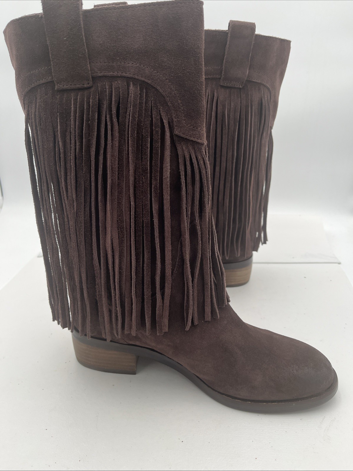 Lucky Brand Caleb Fringe Suede Boots Womens 9.5M Brown Western Bohemian Retro