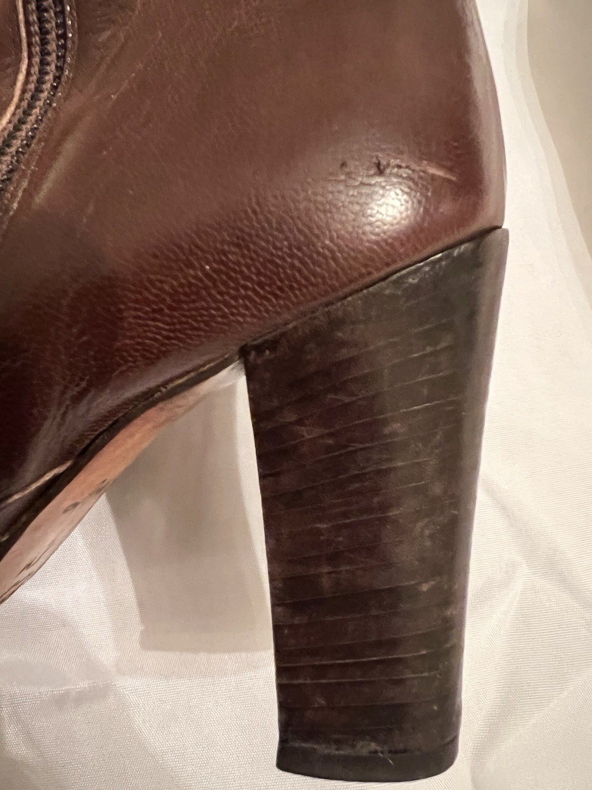 70s Vintage Halston Brown Leather Knee High Boots Womens 7M Block Heel Zip Italy