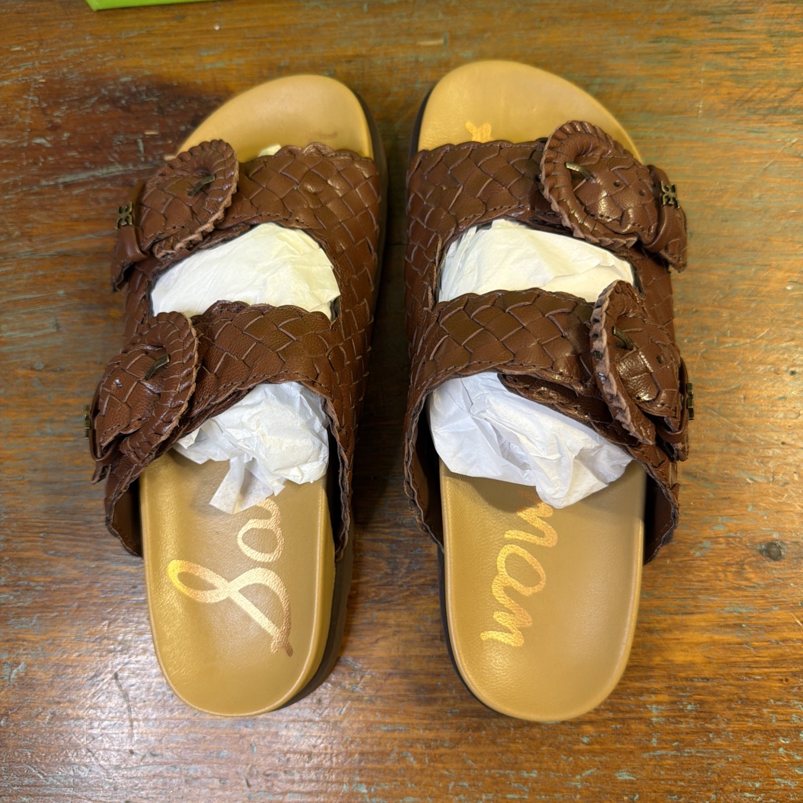 New With Box~ Sam Edelman Tiffanie Woven Leather Slides In Brandy Color. Size 7.