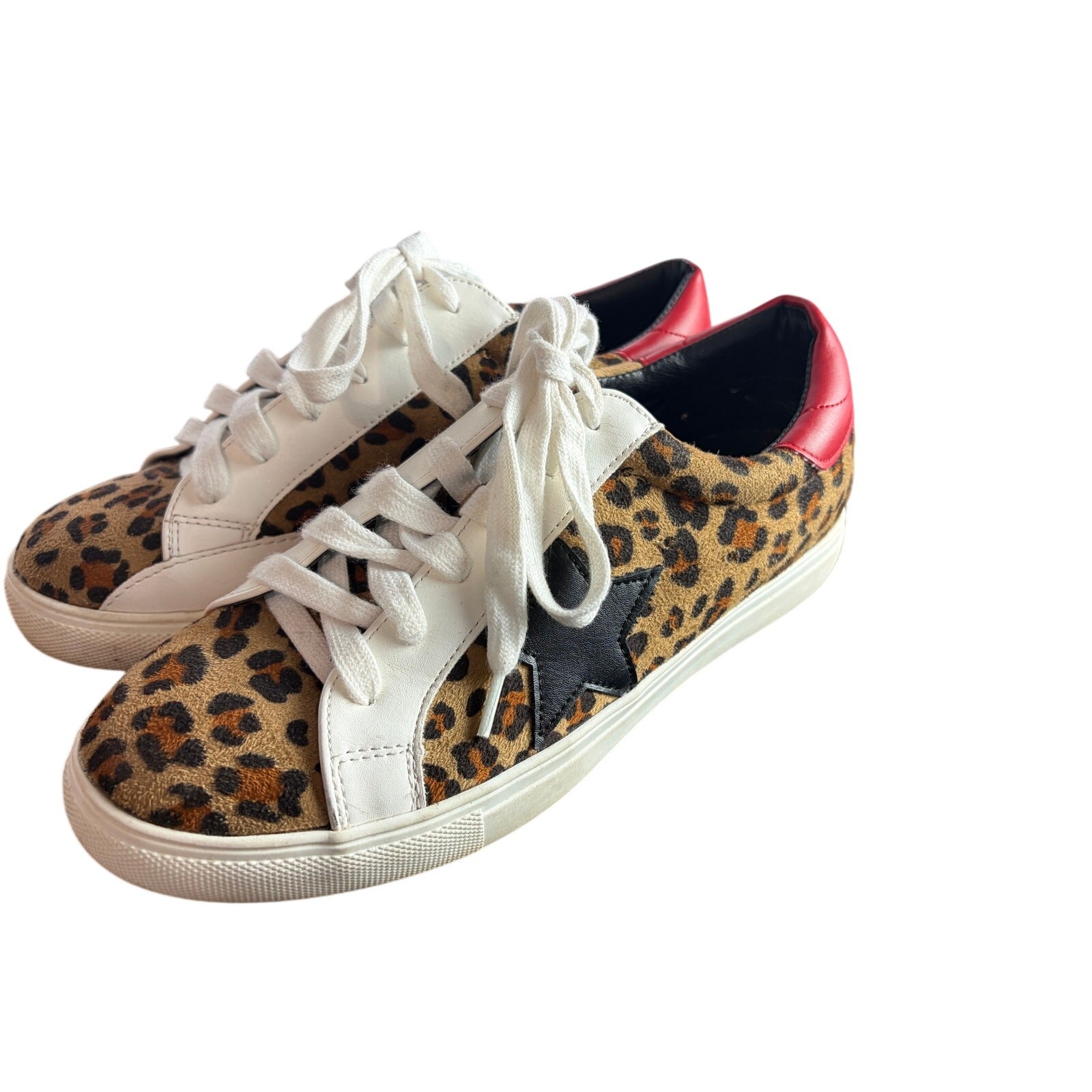 Natrure Breeze Leopard Star Sneakers Red Heel Lace up Casual Street Style 8.5