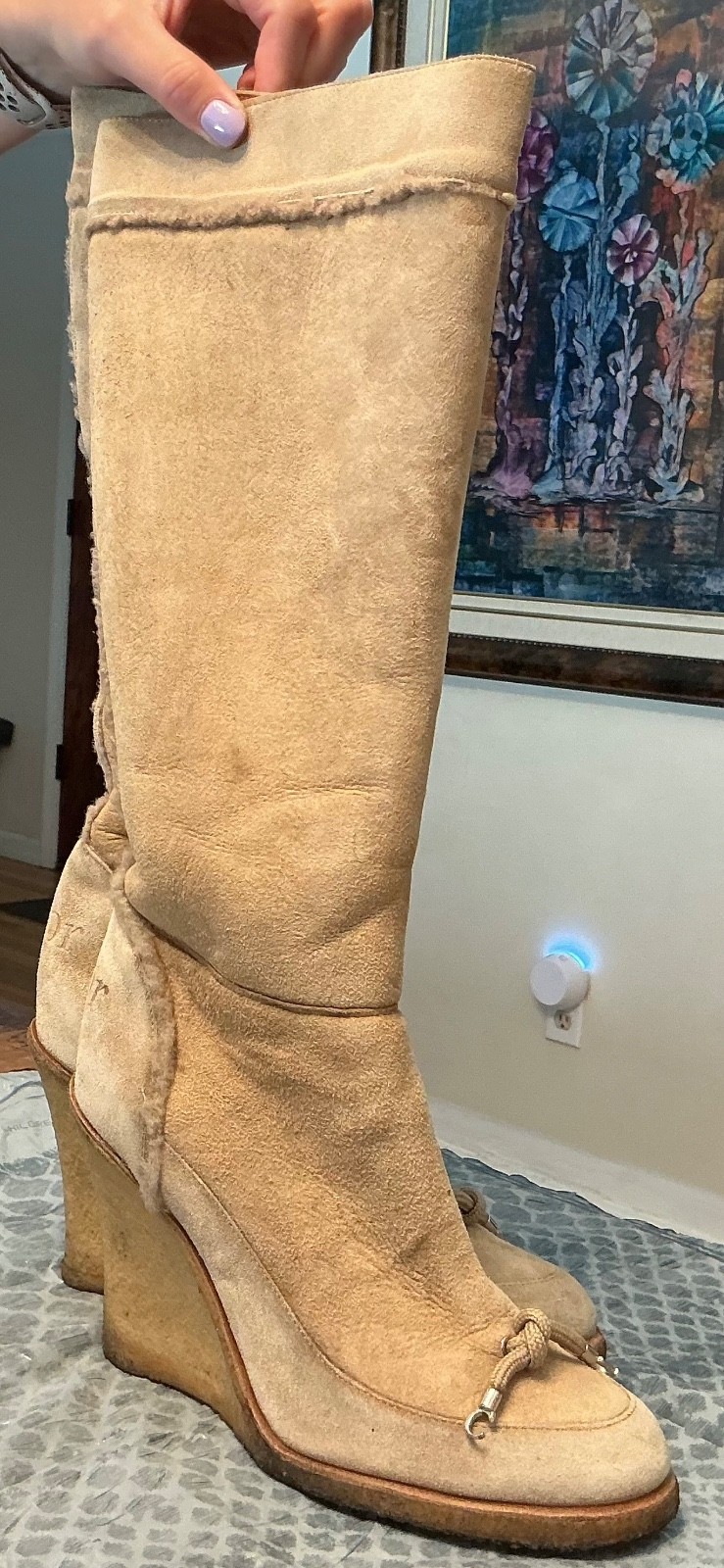 Christian Dior Beige Shearling Suede CD Logo Wedge Boots With Zipper Size 37,5