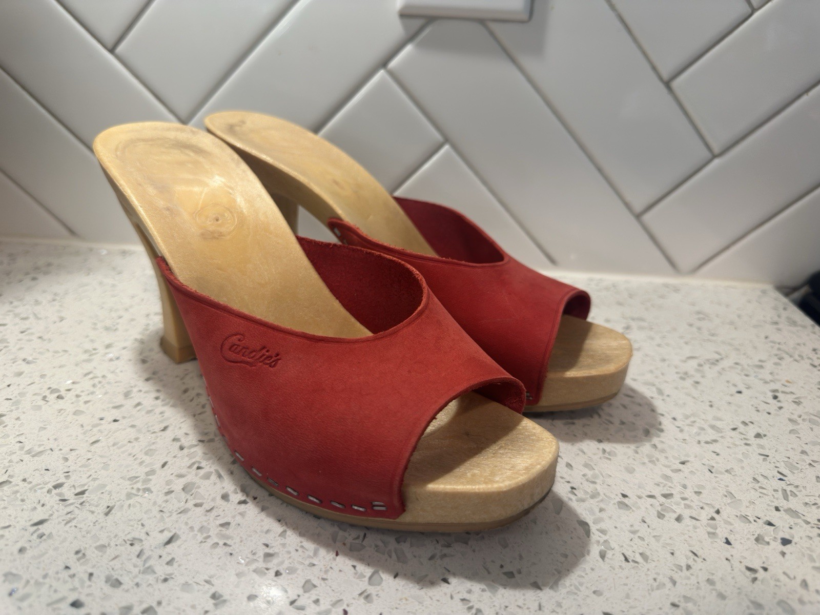 Vintage 1980s Candies Original Sandals High Heels Slides Red Leather 6 /37 Inbox