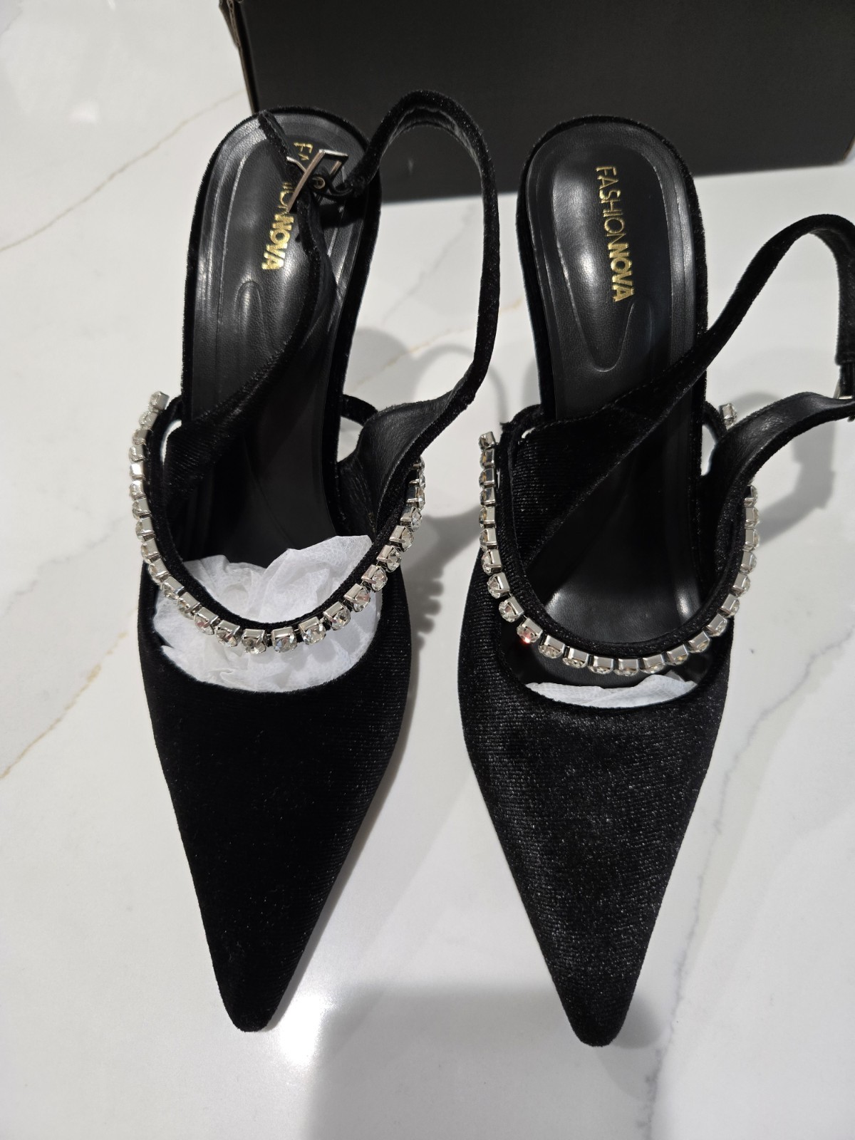 FASHION NOVA Size 7.5 Slingback Kitten Toe High Heels Velvet Pumps Rhinestones