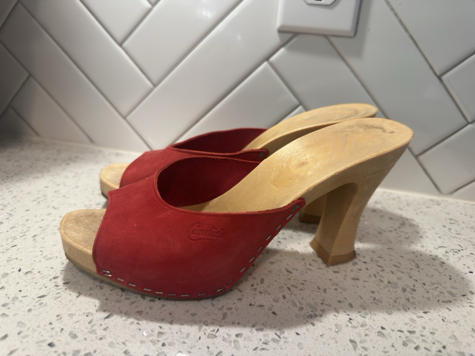 Vintage 1980s Candies Original Sandals High Heels Slides Red Leather 6 /37 Inbox