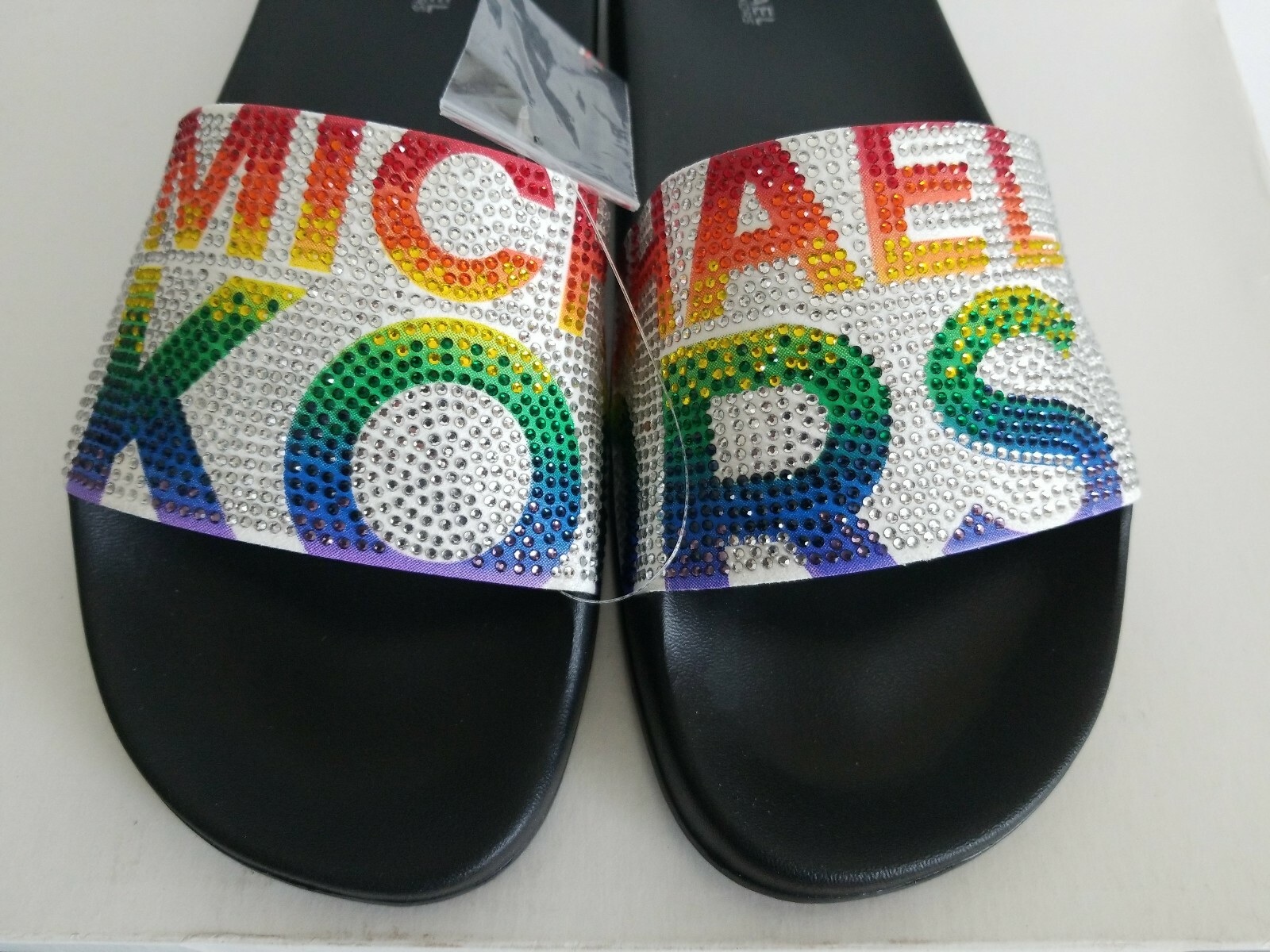 MICHAEL KORS GILMORE WHITE RAINBOW CRYSTAL MK LOGO POOL SLIDES 9 10 11 LOVE SHOE