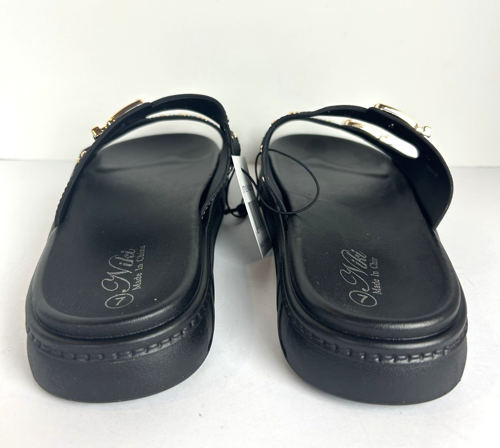 NWT Niki Slip On Sandals Womens 7 Black Wide Strap Gold Buckle Studded Sandals