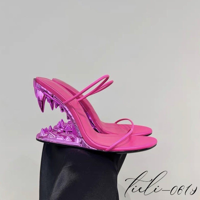 Women Metal High Teeth Heels Mules Sandals Oversize Slippers Fashion Show Runway