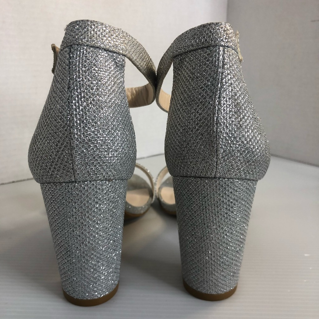 David’s Bridal Womens Arya Ankle Strap Sandals Gray Open Toe Glitter High Heel 8