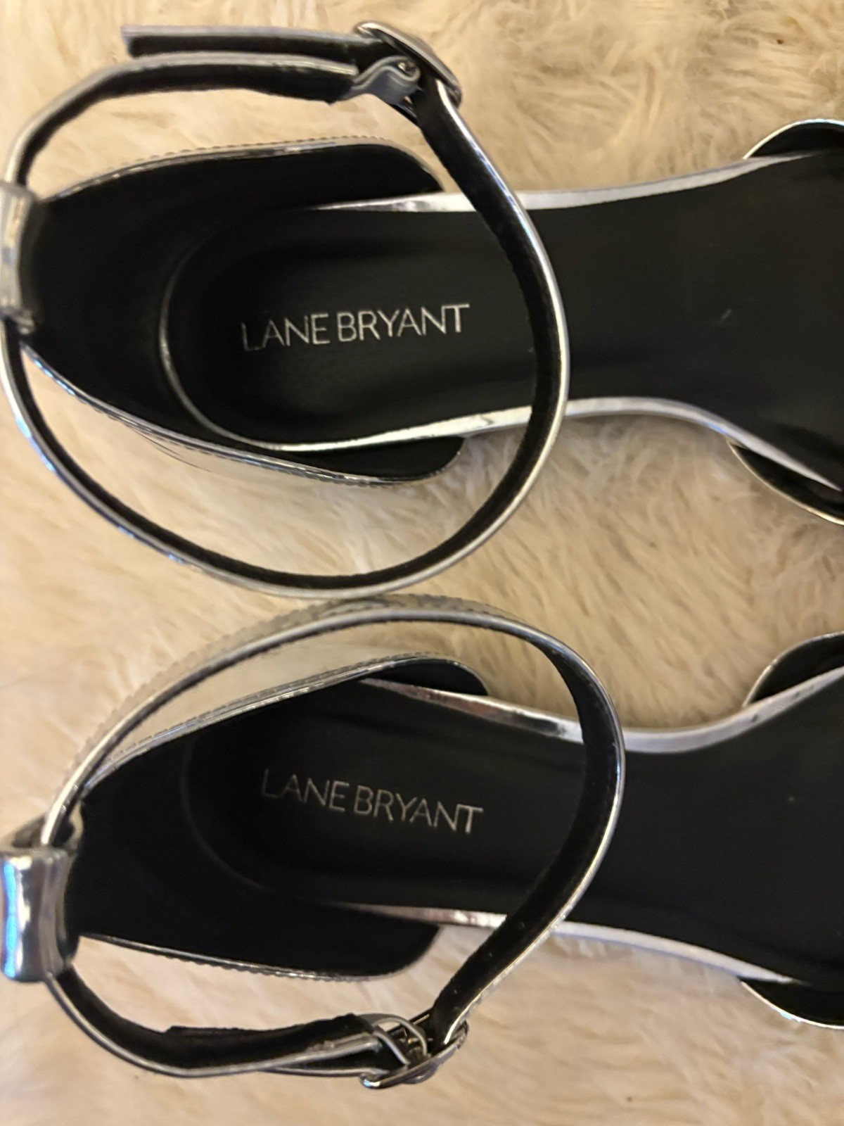 Lane Bryant 11W Silver Flat Shiny Ankle Strap Covered Toe Pointy Comfort Sleek