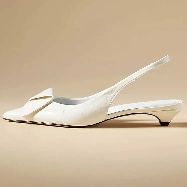 Elegant Pointy Toe Slingback Kitten Heel Pumps Shoes in White FSJ202407008B