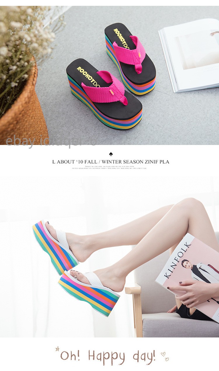 Womens Wedges Flip Flops Summer High Heels Sandals Platform Slippers Solid Shoes