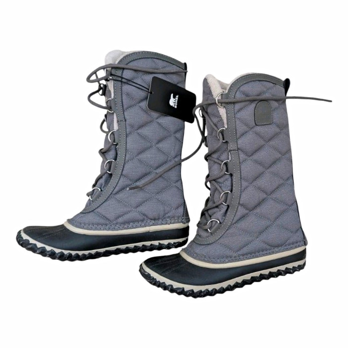 SOREL Gray Quilted Nylon Mid-Calf Snow Boots Faux Fur Lined Lace-Up US 6