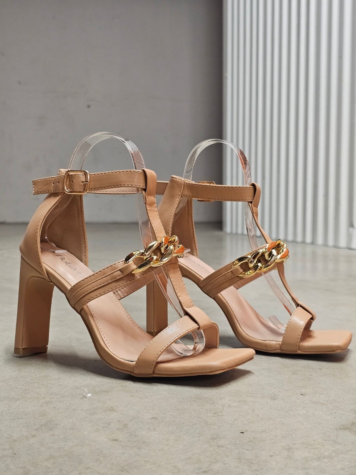 Gold Chain Accent Nude High Heel Sandals With Buckle Strap