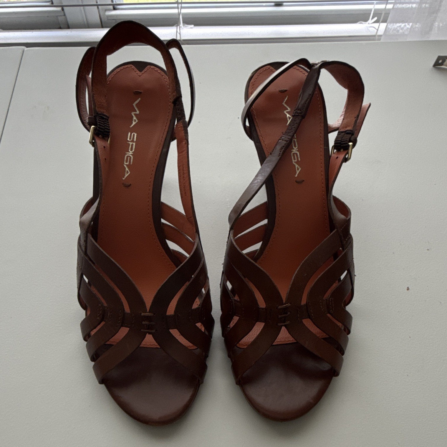 Via Spiga Women’s Brown Leather Open Toe Strappy Slingback Stiletto US 7