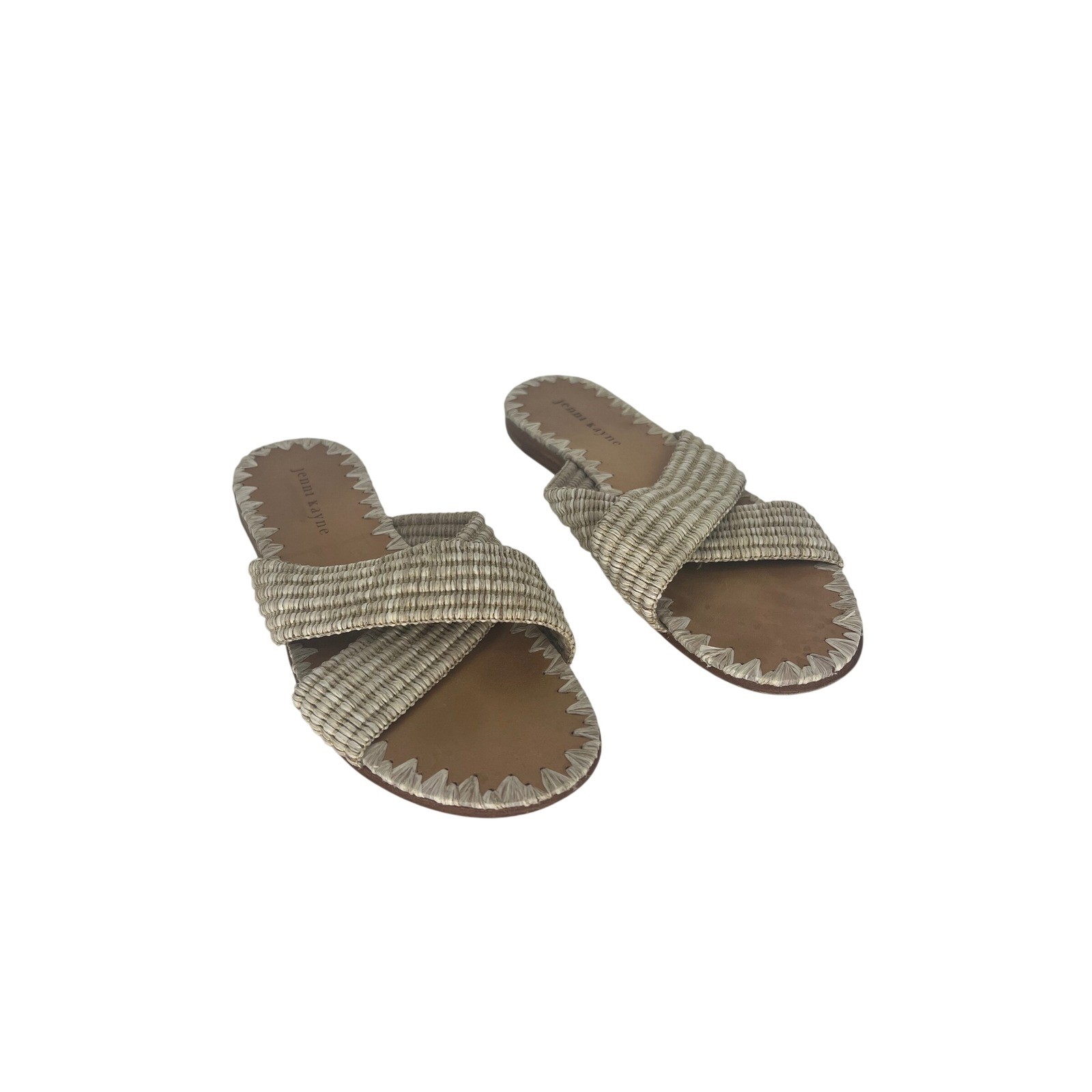 Jenni Kayne Raffia Crossover Sandals Tan Cream Woven Flat Slides Size 38