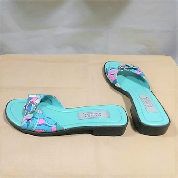 Allyson Whitmore Womens Sandals Size 7M Slides Geometric Embellished Aqua Blue