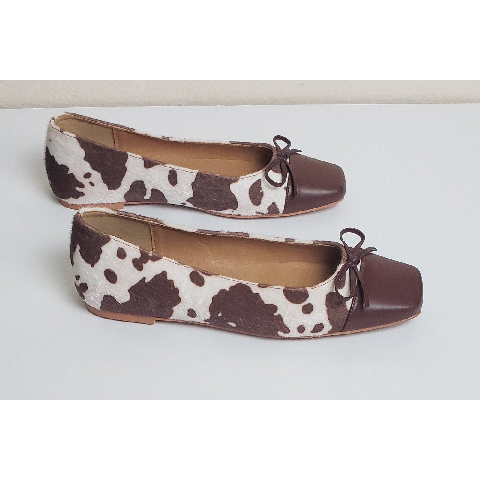 Glamorous Brown Cow Print Faux Calf Hair Square Toe Ballet Flats Bow Accent US 9