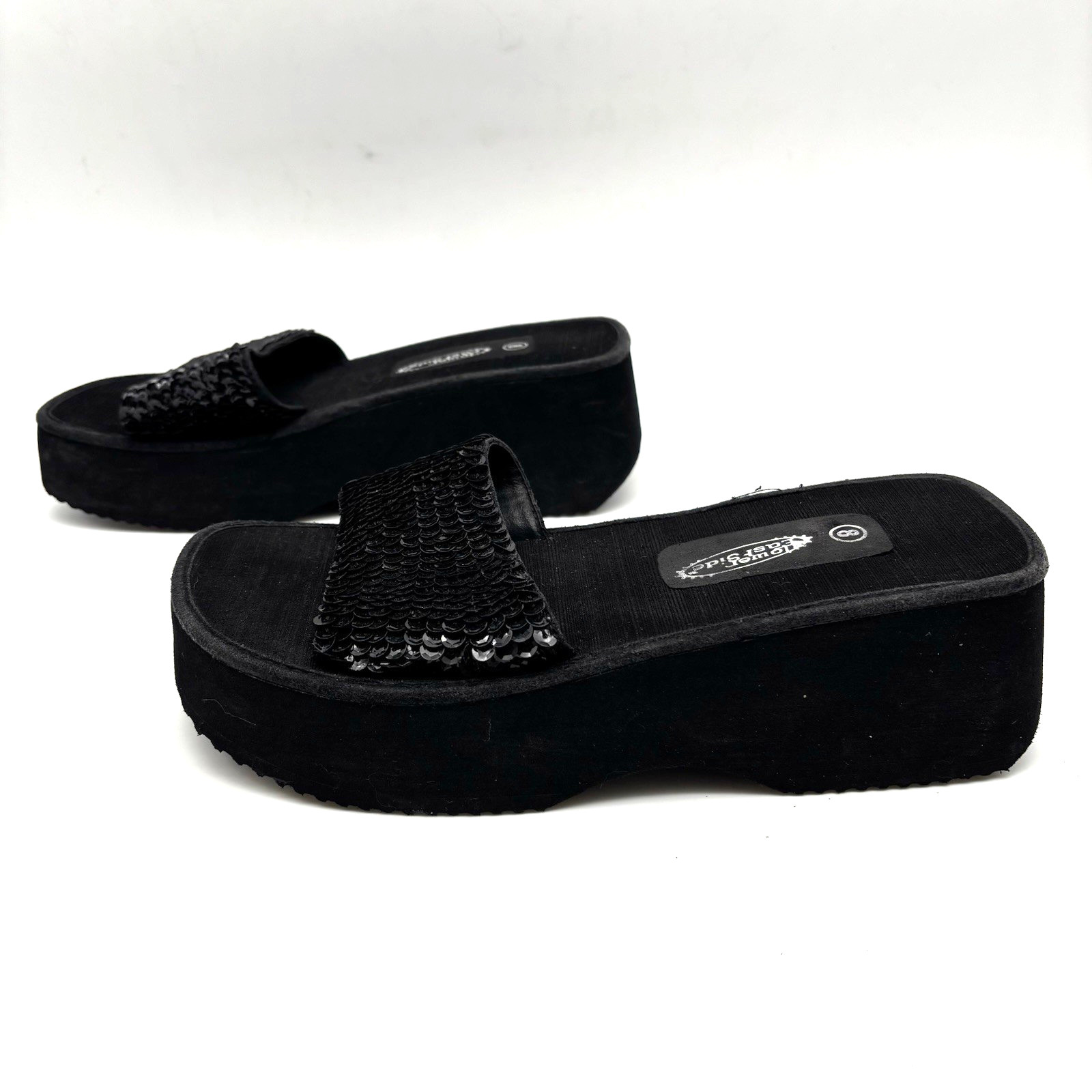 Vintage 90s Y2K Lower East Side 10706 Black Platform Sequin Strap Slide Sandal 8
