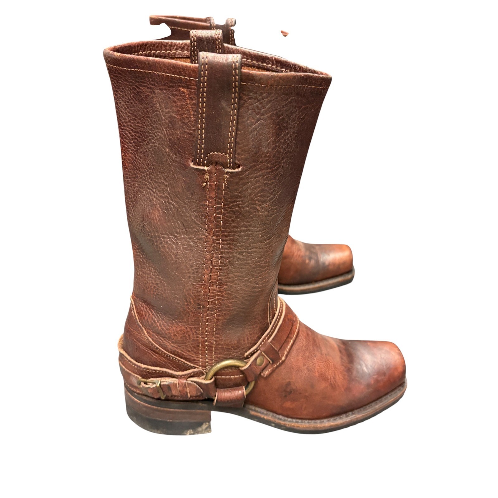 Vintage Frye Brown Leather Belted Harness Boots 77250 Pull On O-Ring Size 8